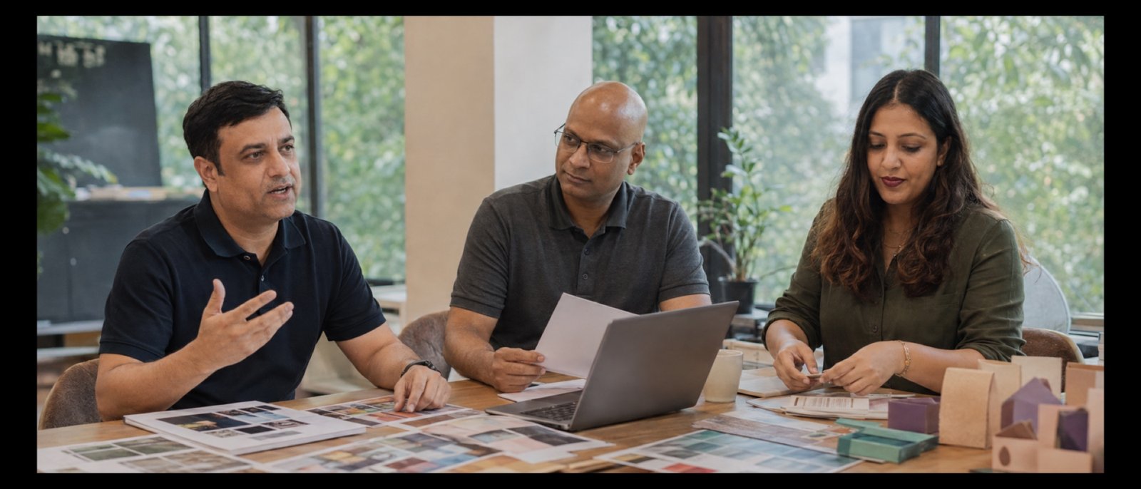 Aashish Rai, Robin Thomas and Meghna Samanta reviewing campaign materials