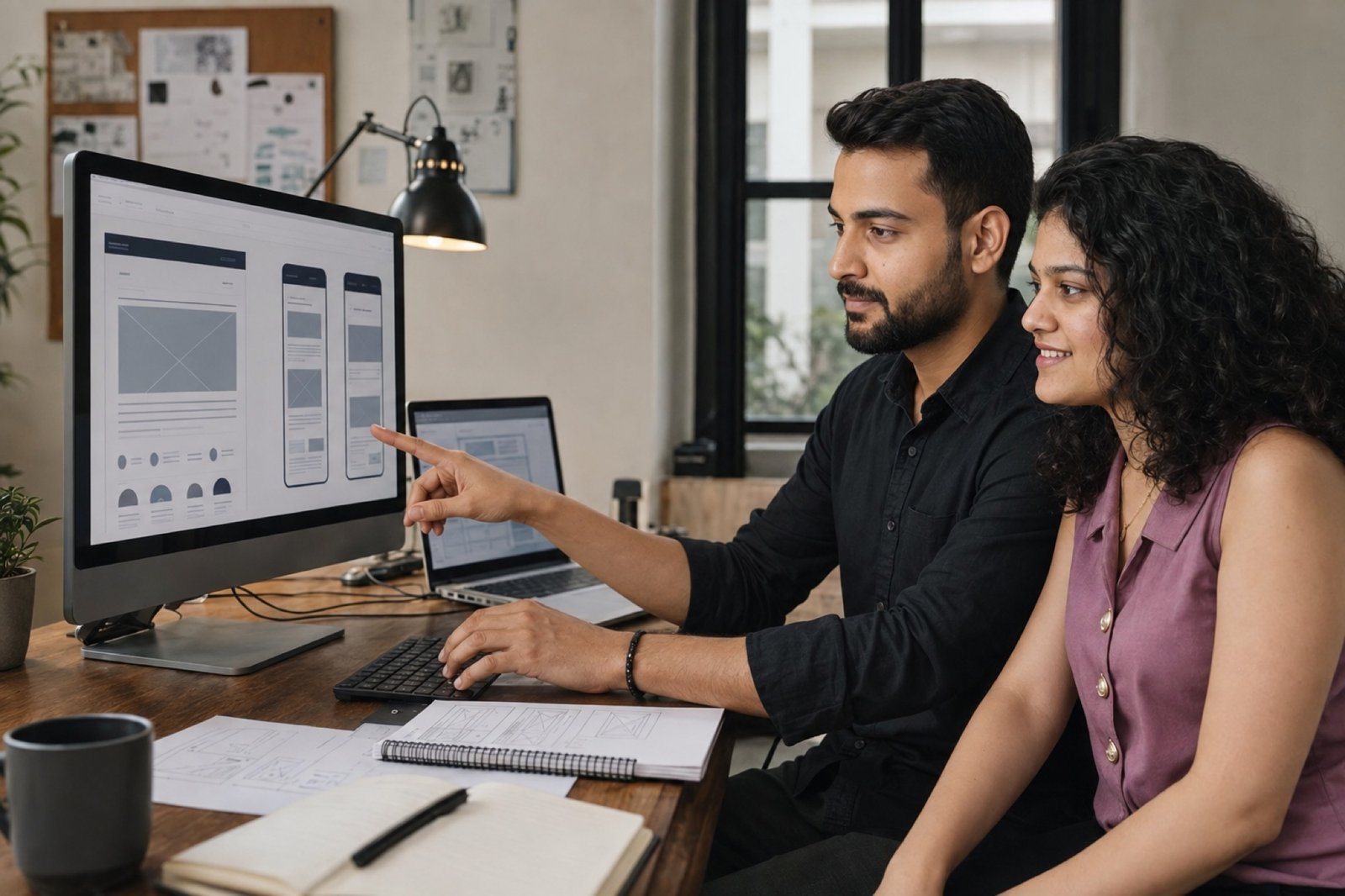 Aakash Mishra and Shweta Lad reviewing responsive website screens