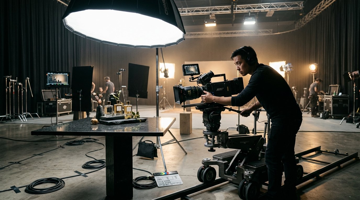 A film crew shooting a commercial with a cinema camera on a studio motion-control dolly rig
