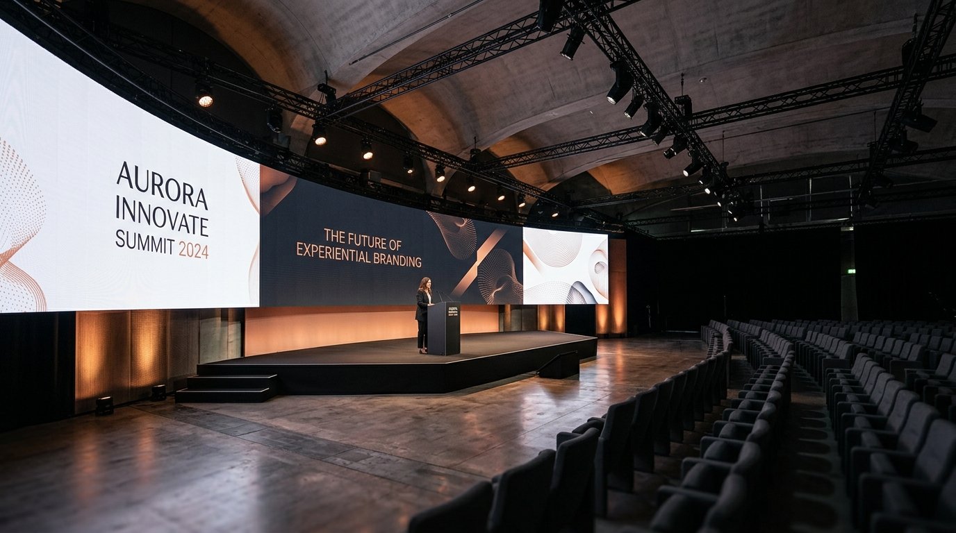 A corporate summit and brand activation stage with architectural lighting and panoramic visual displays