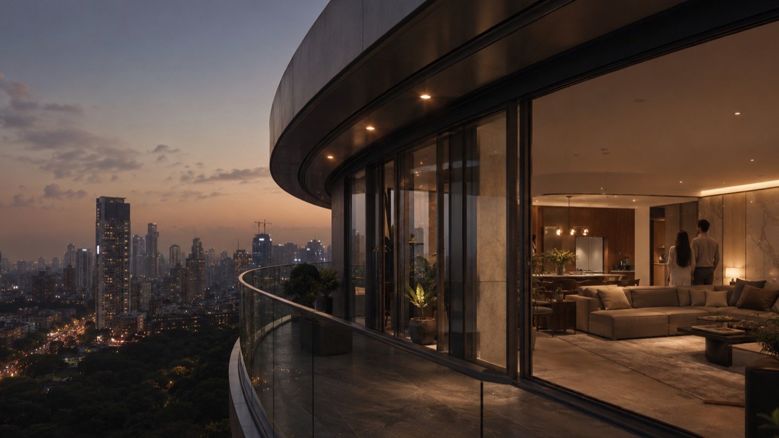 A contemporary curved-glass Mumbai residence overlooking the city at dusk