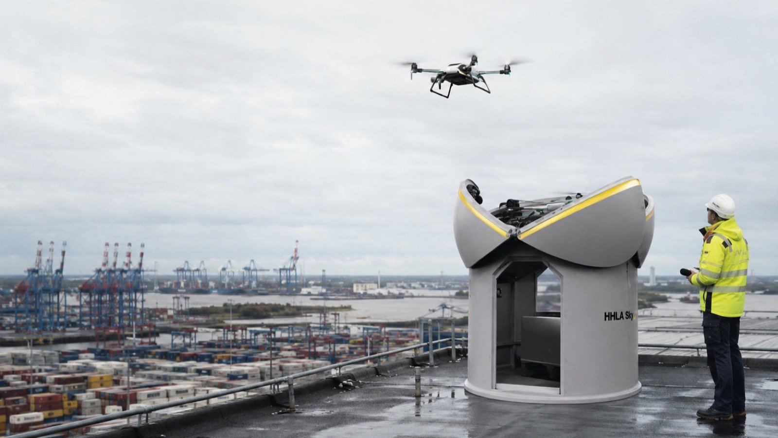 An AllSky automated drone base station operating above a container terminal
