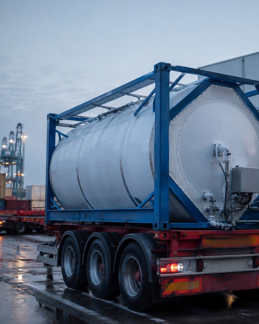 A vacuum-insulated cryogenic tank container at a port-side logistics yard