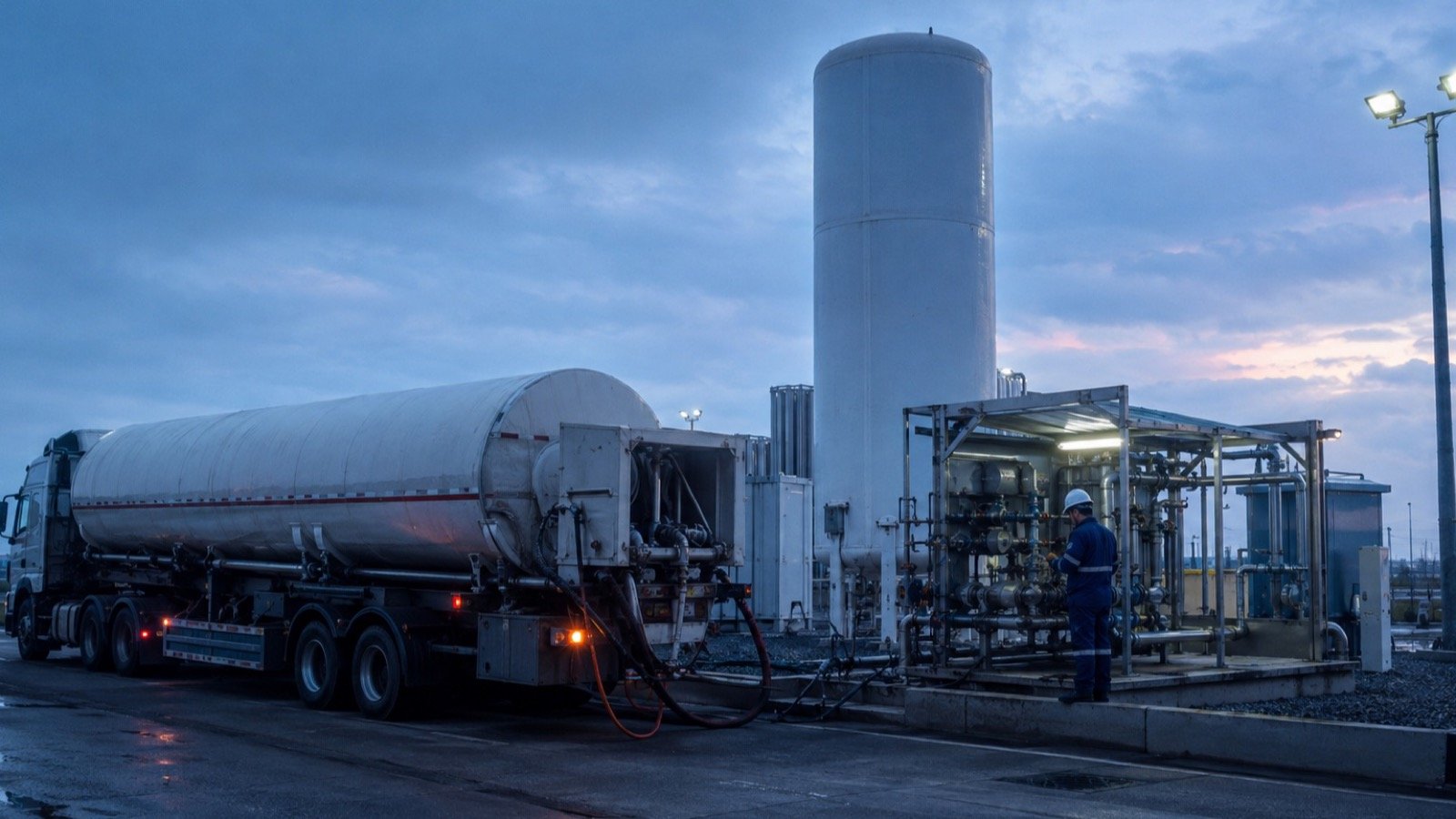 A cryogenic tanker, insulated storage vessel and LNG station during inspection