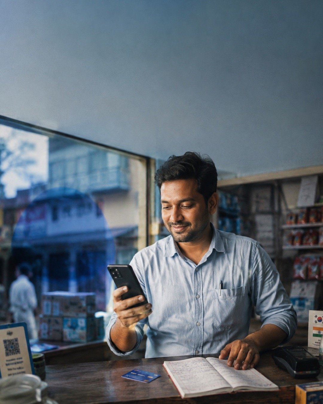 An Indian shop owner using a digital banking service at his counter