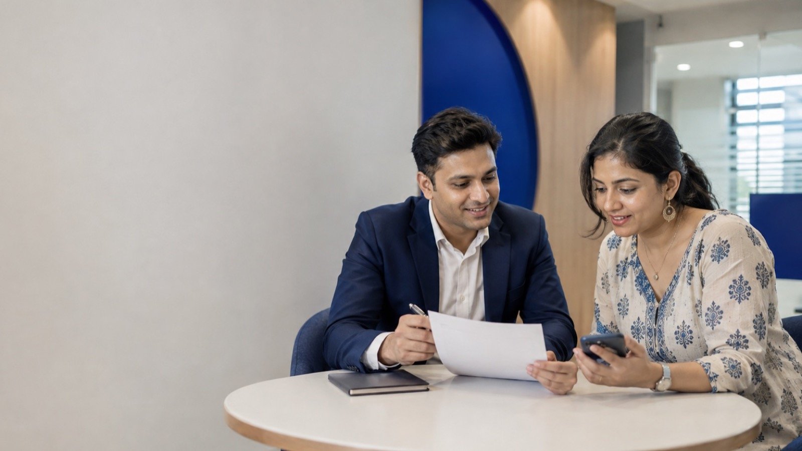 A banking adviser and customer reviewing a digital service in a Shinhan-inspired branch