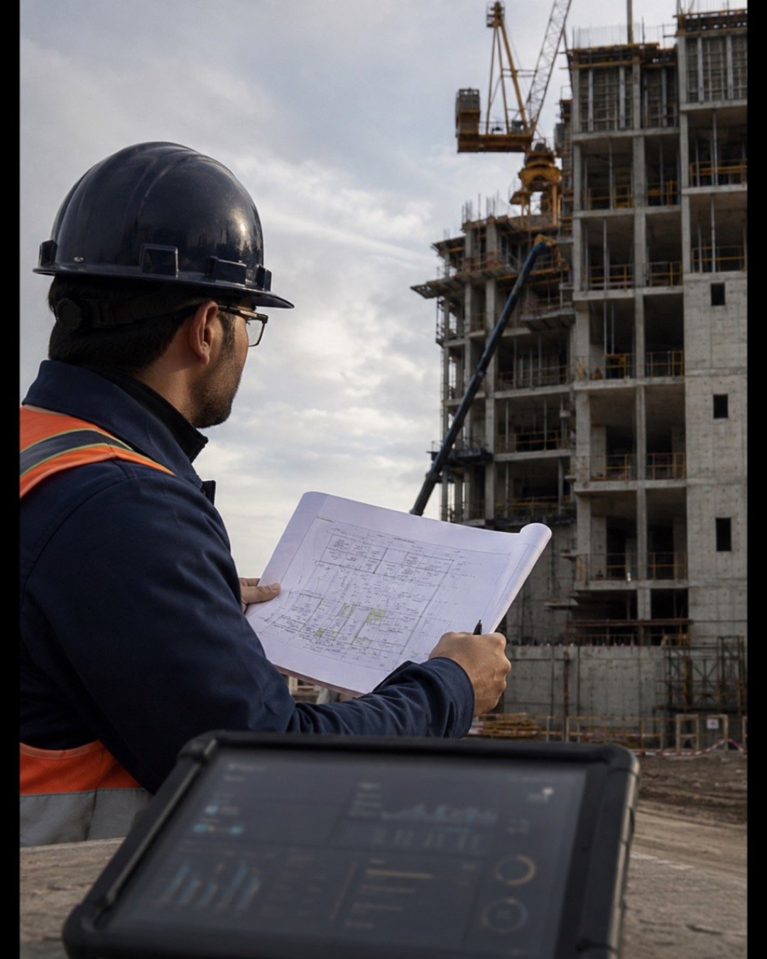 A site engineer reviewing progress at a high-rise construction project