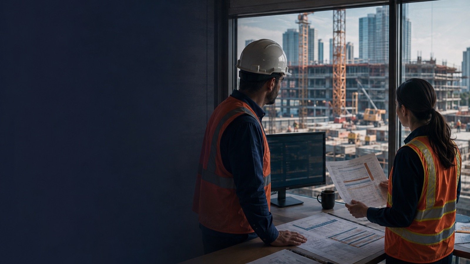 Real-estate project professionals reviewing progress from a construction control room