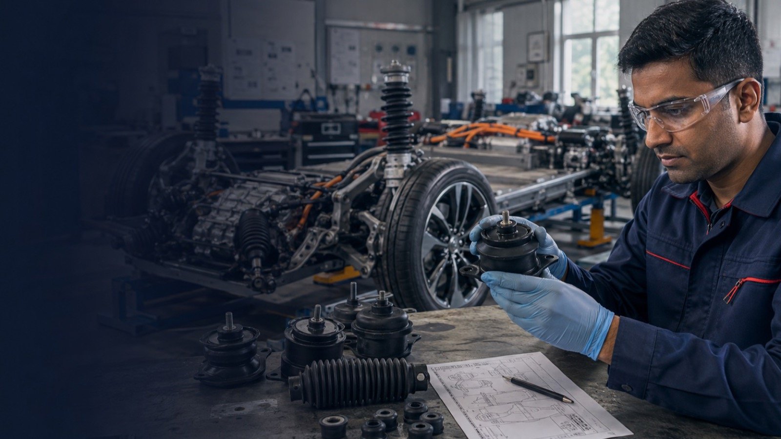 An engineer inspecting an anti-vibration mount beside an electric vehicle chassis