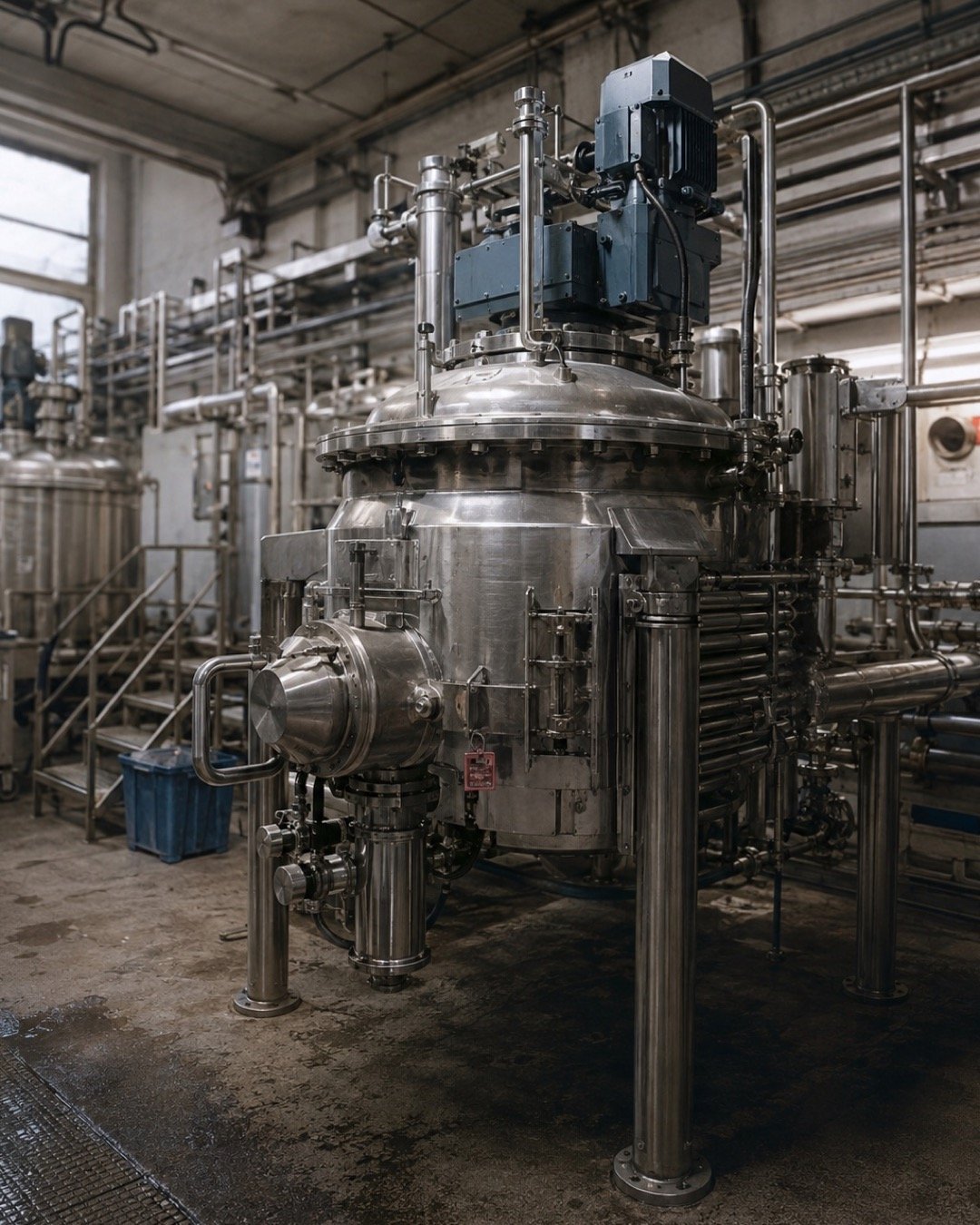 A stainless steel ANFD process vessel installed on a pharmaceutical production floor