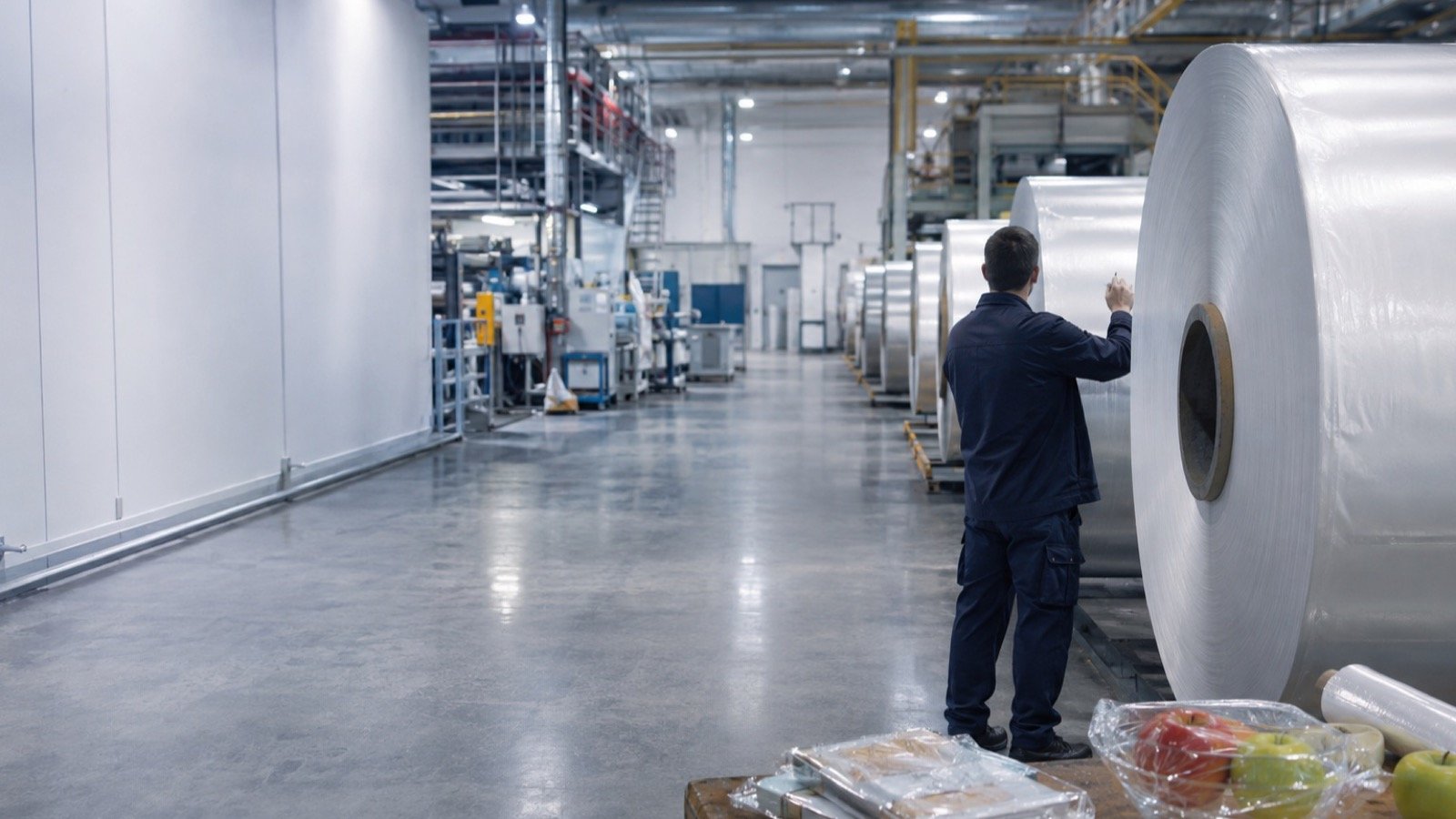 A technician inspecting large flexible-film rolls on a packaging production floor